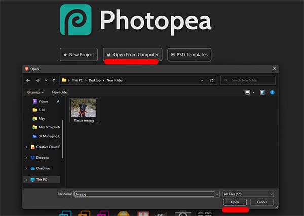 Photopea tool showing the “Open From Computer” dialogue
